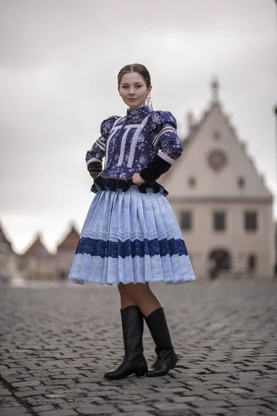 Vacker Kvinna Traditionella Östeuropeiska Folkdräkter Slovakiska Folkdräkter — Stockfoto