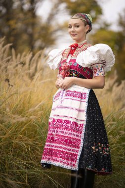 Geleneksel Doğu Avrupa halk kostümleri giyen güzel bir kadın. Slovak halk kostümleri.