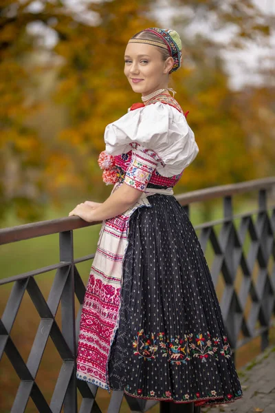 Femeie Frumoasă Care Poartă Costume Populare Tradiționale Din Europa Est — Fotografie, imagine de stoc