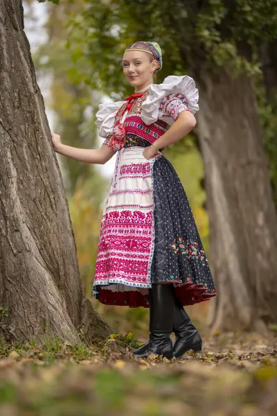 Όμορφη Γυναίκα Που Φοράει Παραδοσιακές Στολές Της Ανατολικής Ευρώπης Σλοβακικές Εικόνα Αρχείου