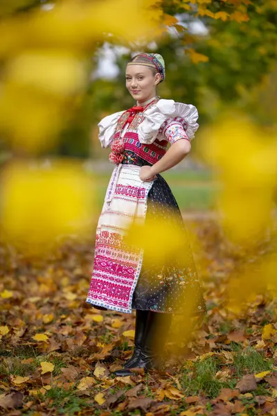 Beautiful Woman Wearing Traditional Eastern Europe Folk Costumes Slovak Folk Stock Image