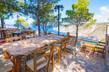 Zakinthos, Greece - 03.09.2022: Romantic terrace at a restaurant on Zakynthos (Ionic Islands, Kampi, Greece)