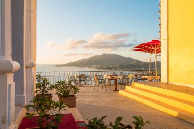 Sunrise. Bochali viewpoint in Zante, Zakynthos, Greece, popular travel destination. Bochali is a hill with holy temple of Zoodochos Pigi in Mpochali, in Ionian island of Zakynthos.