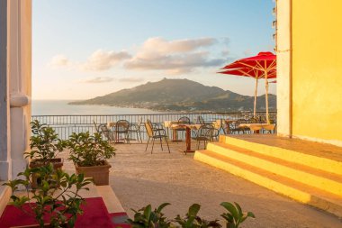 Sunrise. Bochali viewpoint in Zante, Zakynthos, Greece, popular travel destination. Bochali is a hill with holy temple of Zoodochos Pigi in Mpochali, in Ionian island of Zakynthos.