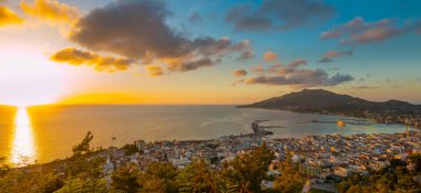 Sunrise. Bochali viewpoint in Zante, Zakynthos, Greece, popular travel destination. Bochali is a hill with holy temple of Zoodochos Pigi in Mpochali, in Ionian island of Zakynthos.