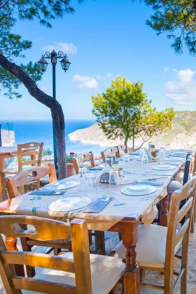 Zakinthos, Greece - 03.09.2022: Romantic terrace at a restaurant on Zakynthos (Ionic Islands, Kampi, Greece)