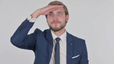 Young Adult Businessman Looking Around, Searching White Screen