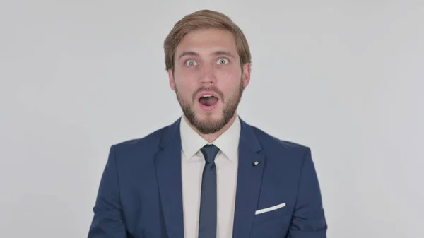 Surprised Young Adult Businessman Feeling Amazed White Background — Photo