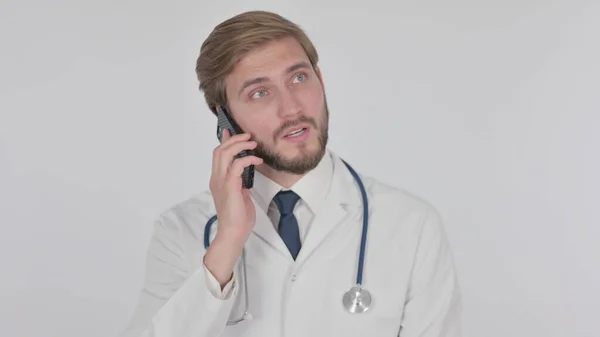 Young Adult Doctor Talking Phone White Background — стоковое фото