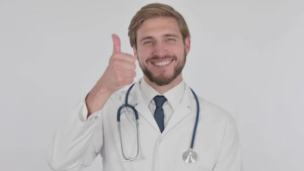 Thumbs Young Adult Doctor Λευκό Φόντο — Φωτογραφία Αρχείου