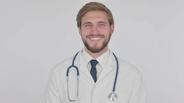 Smiling Young Adult Doctor White Background — Zdjęcie stockowe