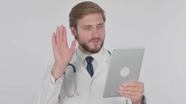 Відео Виклик Планшеті Молодого Лікаря Білому Тлі — стокове фото