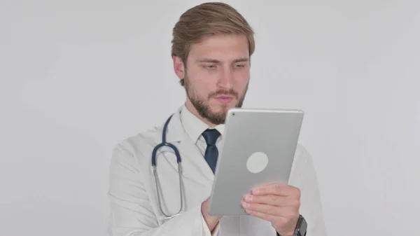 Young Adult Doctor Using Digital Tablet White Background — Zdjęcie stockowe