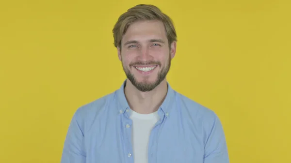 Approval Casual Young Man Shaking Head Yellow Background — 스톡 사진