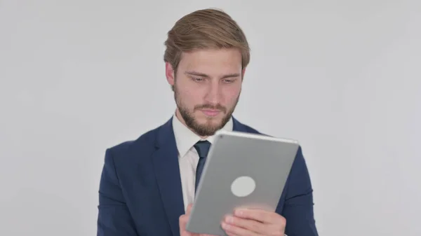 Young Adult Businessman Using Digital Tablet White Background — ストック写真