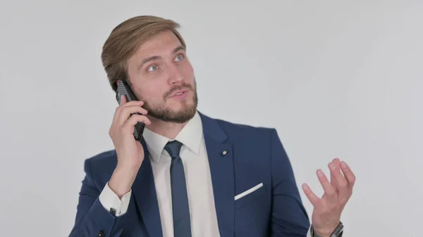 Young Adult Businessman Talking Angry Phone White Background — ストック写真