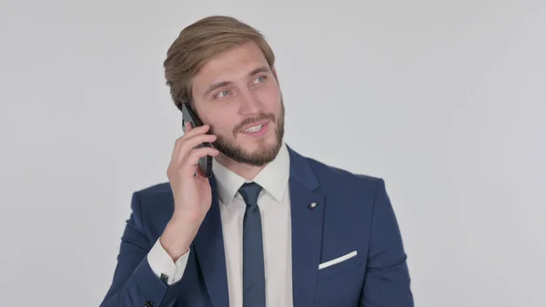 Молодий Дорослий Бізнесмен Розмовляє Телефону Білому Тлі — стокове фото