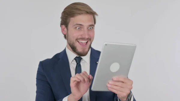 Young Adult Businessman Celebrating Success Tablet White Background — Foto de Stock