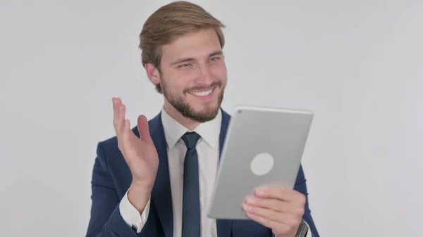 Video Call Tablet Young Adult Businessman White Background — Fotografia de Stock