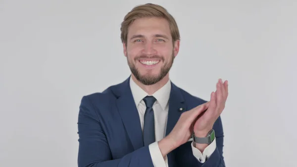 Young Adult Businessman Clapping Applauding White Background — Stok fotoğraf