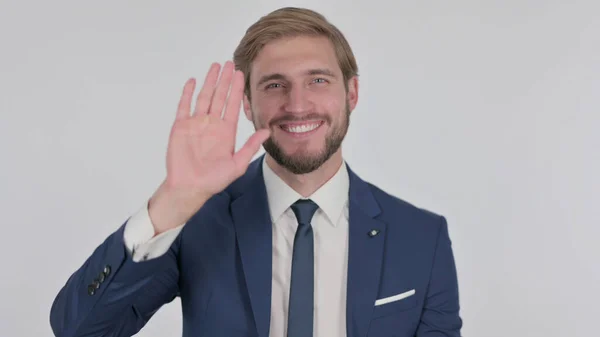 Young Adult Businessman Waving Hand Say Hello White Background — Stockfoto