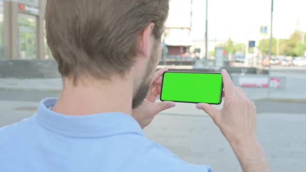 Close Middle Aged Man Using Smartphone Green Screen Outdoor — Stock Photo, Image