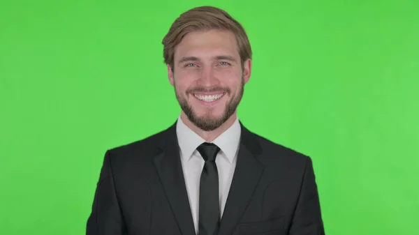 Smiling Young Adult Businessman Green Background — Fotografia de Stock