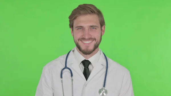 Approval Young Adult Doctor Shaking Head Green Background — Foto de Stock