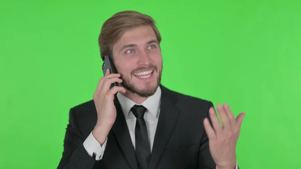 Young Adult Businessman Talking Angry Phone Green Background — 스톡 사진