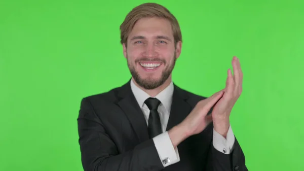 Young Adult Businessman Clapping Applauding Green Background — стокове фото