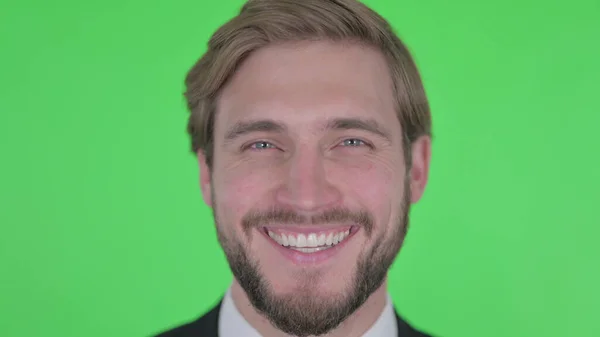 Close Smiling Young Adult Businessman Green Background —  Fotos de Stock