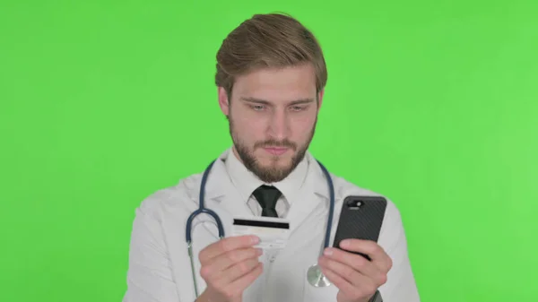 Online Shopping Smartphone Young Adult Doctor Green Φόντο — Φωτογραφία Αρχείου