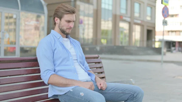 Tense Middle Aged Man Feeling Frustrated While Sitting Outdoor Bench — Stock Photo, Image