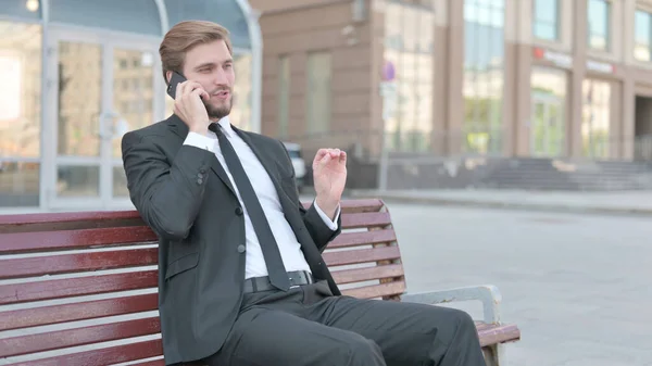 Middle Aged Businessman Talking Phone While Sitting Outdoor Bench — Photo
