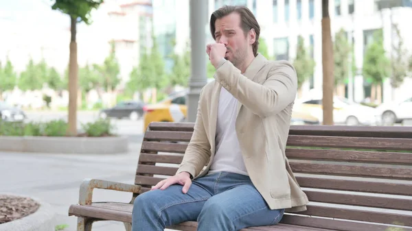 Man Coughing While Sitting Bench — Stock Photo, Image
