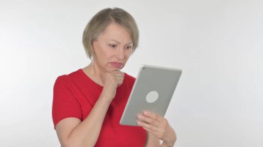 Senior Old Woman Reacting to Loss on Tablet on White Background