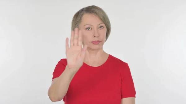 Stop Gesture Senior Old Woman Denial White Background — Stockfoto
