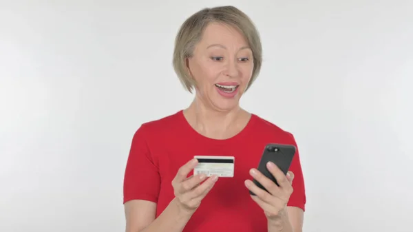 Successful Online Shopping Smartphone Senior Old Woman White Background — Fotografia de Stock