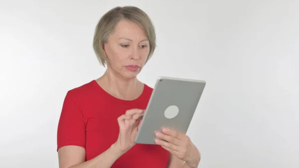 Senior Old Woman Using Digital Tablet White Background — 图库照片