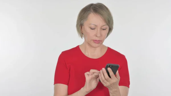 Senior Old Woman Browsing Smartphone White Background — Zdjęcie stockowe