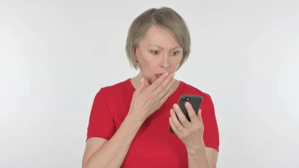 Senior Old Woman Loss Smartphone White Background — Foto Stock