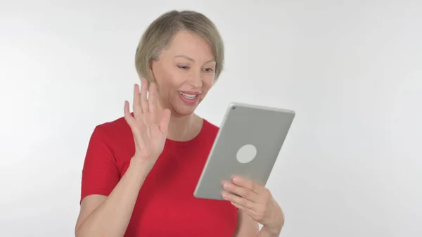 Video Call Tablet Senior Old Woman White Background — 图库照片
