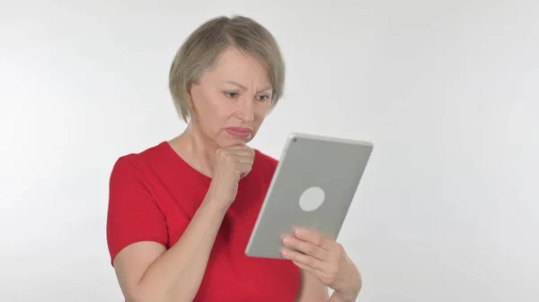 Senior Old Woman Reacting Loss Tablet White Background — Foto Stock