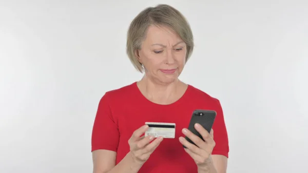 Online Shopping Failure Smartphone Senior Old Woman White Background — Stockfoto