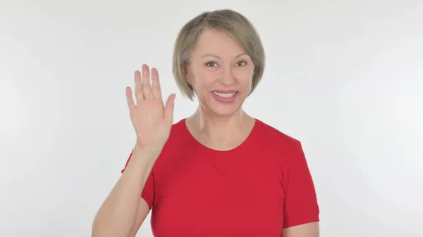 Senior Old Woman Waving Hand Say Hello White Background — Stockfoto