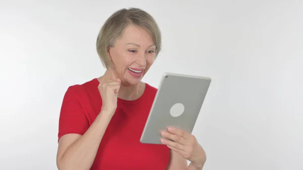 Senior Old Woman Celebrating Success Tablet White Background — Fotografia de Stock