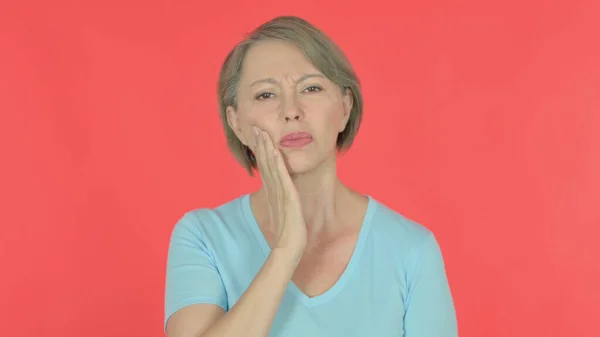 Senior Old Woman Having Toothache Red Background — 图库照片