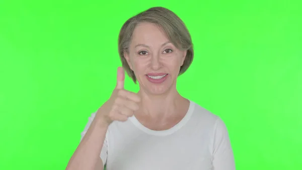 Thumbs Senior Old Woman Green Background — Fotografia de Stock