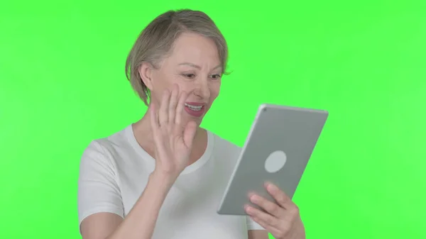 Video Call Tablet Senior Old Woman Green Background — Fotografia de Stock
