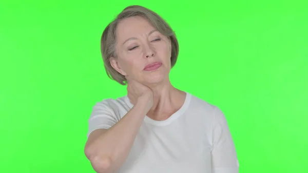 Senior Old Woman Neck Pain Green Background — Foto de Stock